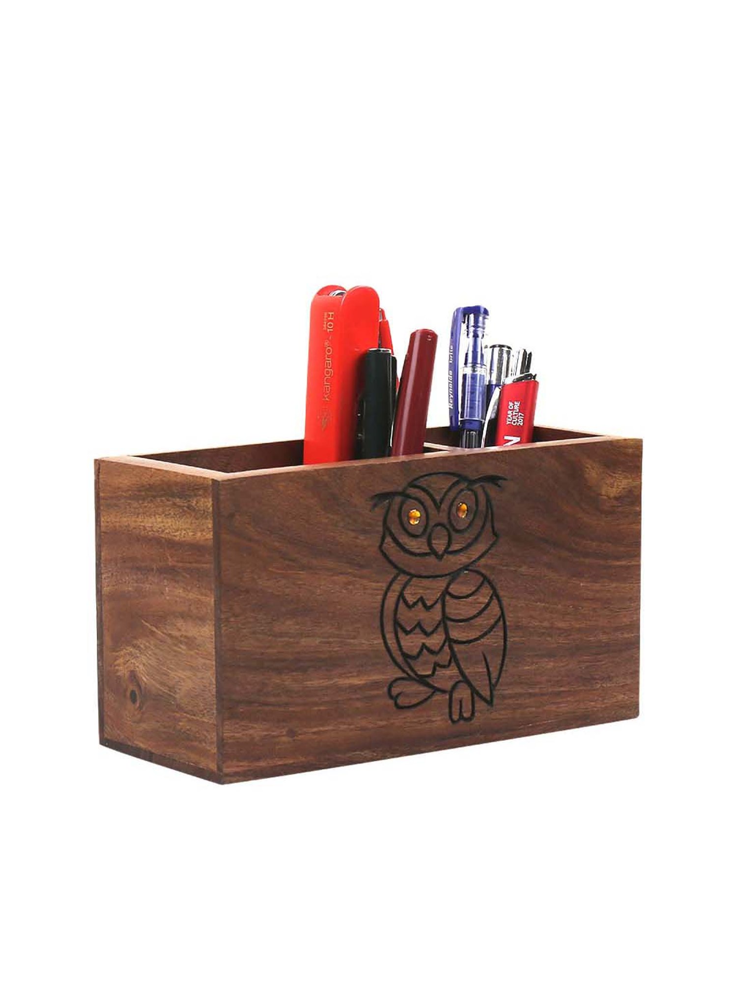 VarEesha Dark Brown Sheesham Wood Wise Owl Penstand - Set of 1