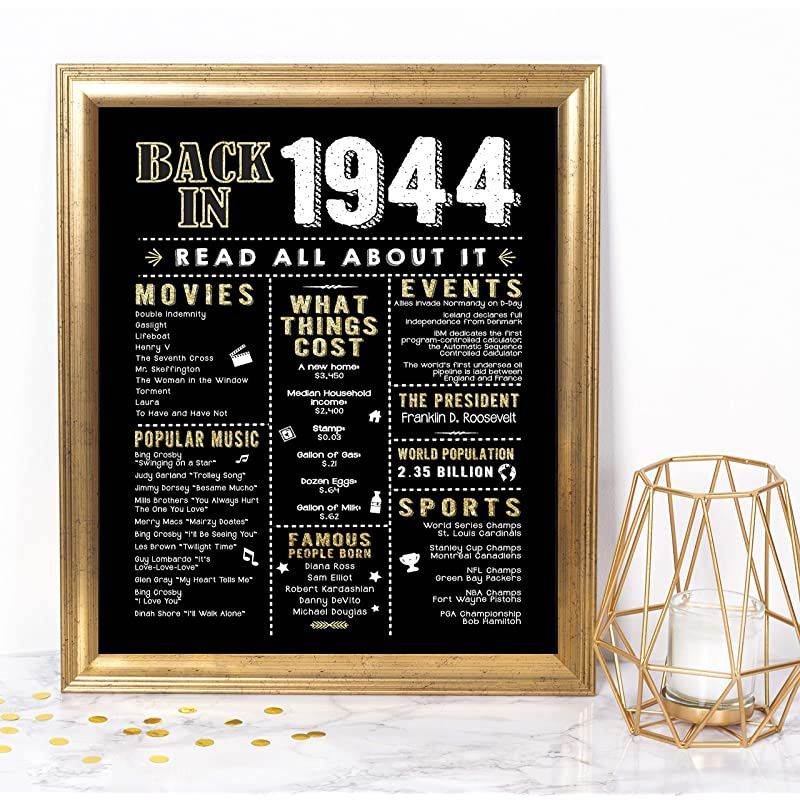 Katie Doodle 76th Birthday Party Decorations Supplies Anniversary Card Gifts for Men Women Turning 76 Years Old Includes 8x10 Back in 1944 Print Unframed Black and Gold