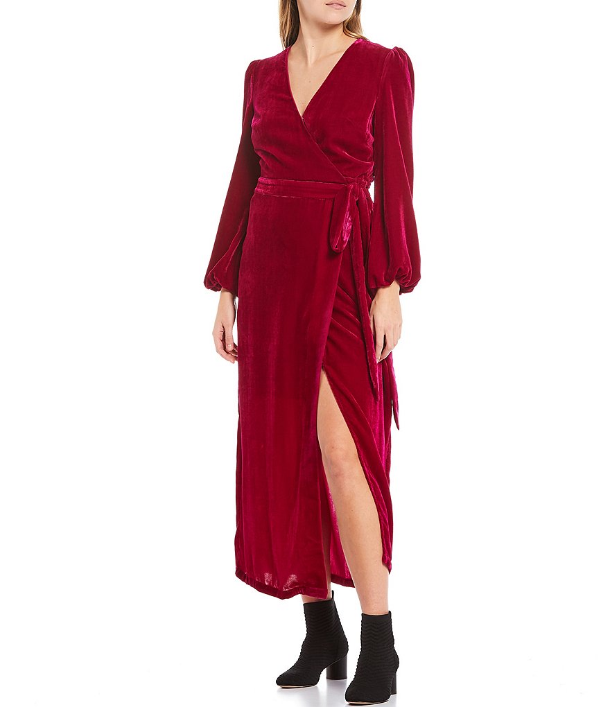 Harlyn Velvet Long Sleeve Puff Shoulder Tie Waist Midi Wrap Dress
