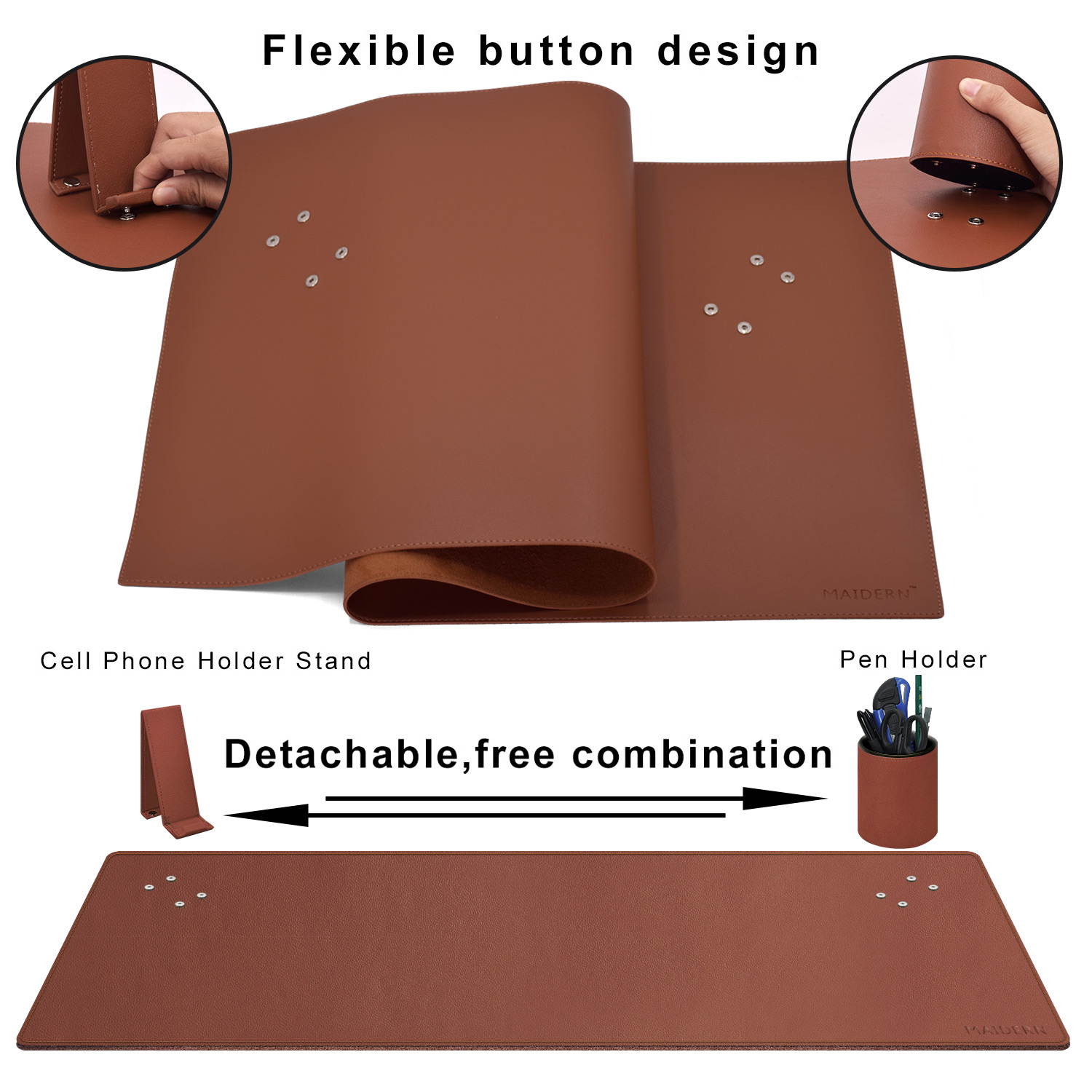 Multifunctional Office Desk Pad, 39.3" x 15.7" Large Extended Waterproof PU Leather Mouse Pad with Penholder and Phone Stands, Dual Use Desk Writing Mat for Office/Home (Brown)