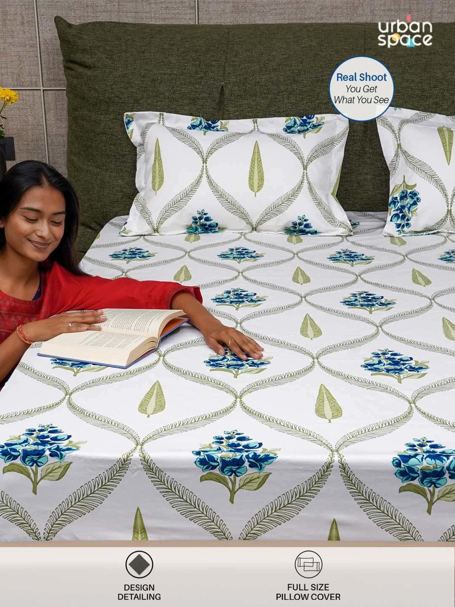 Urban Space Serene Blue Cotton 200 TC King Fitted Bedsheet With Pillow Covers