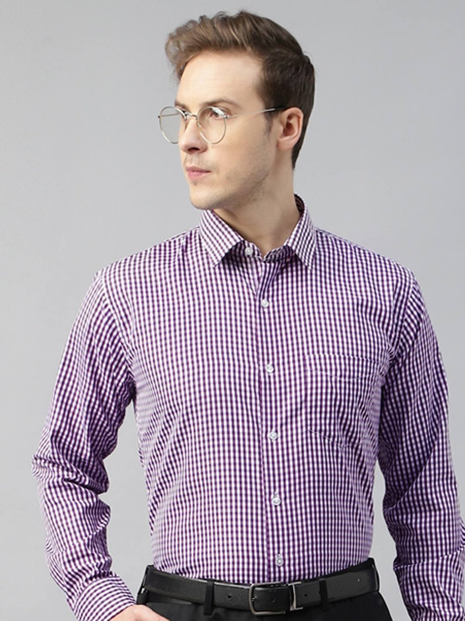 English Navy Purple Slim Fit Checks Shirt
