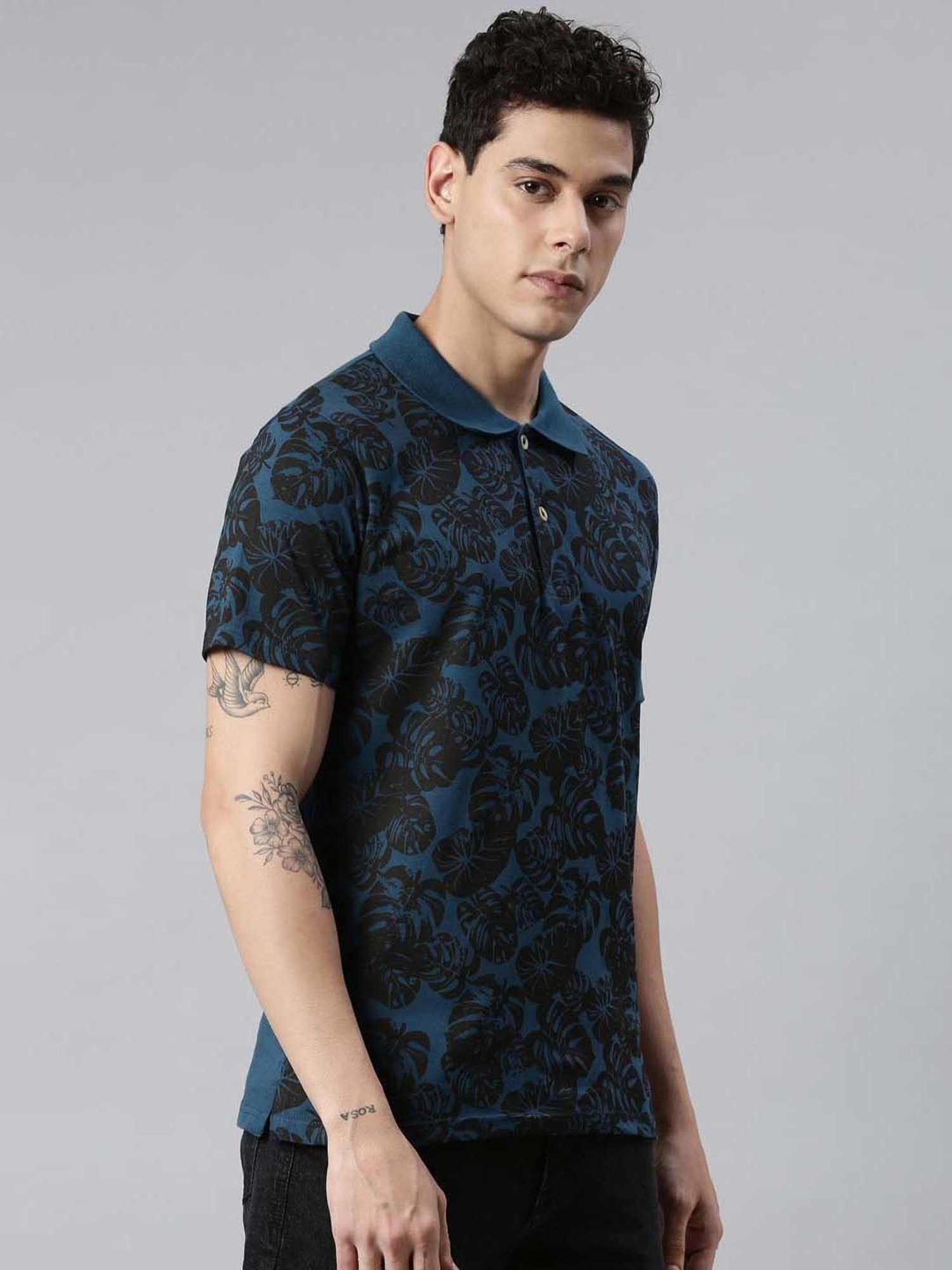 Kryptic Teal & Black Regular Fit Printed Cotton Polo T-Shirt