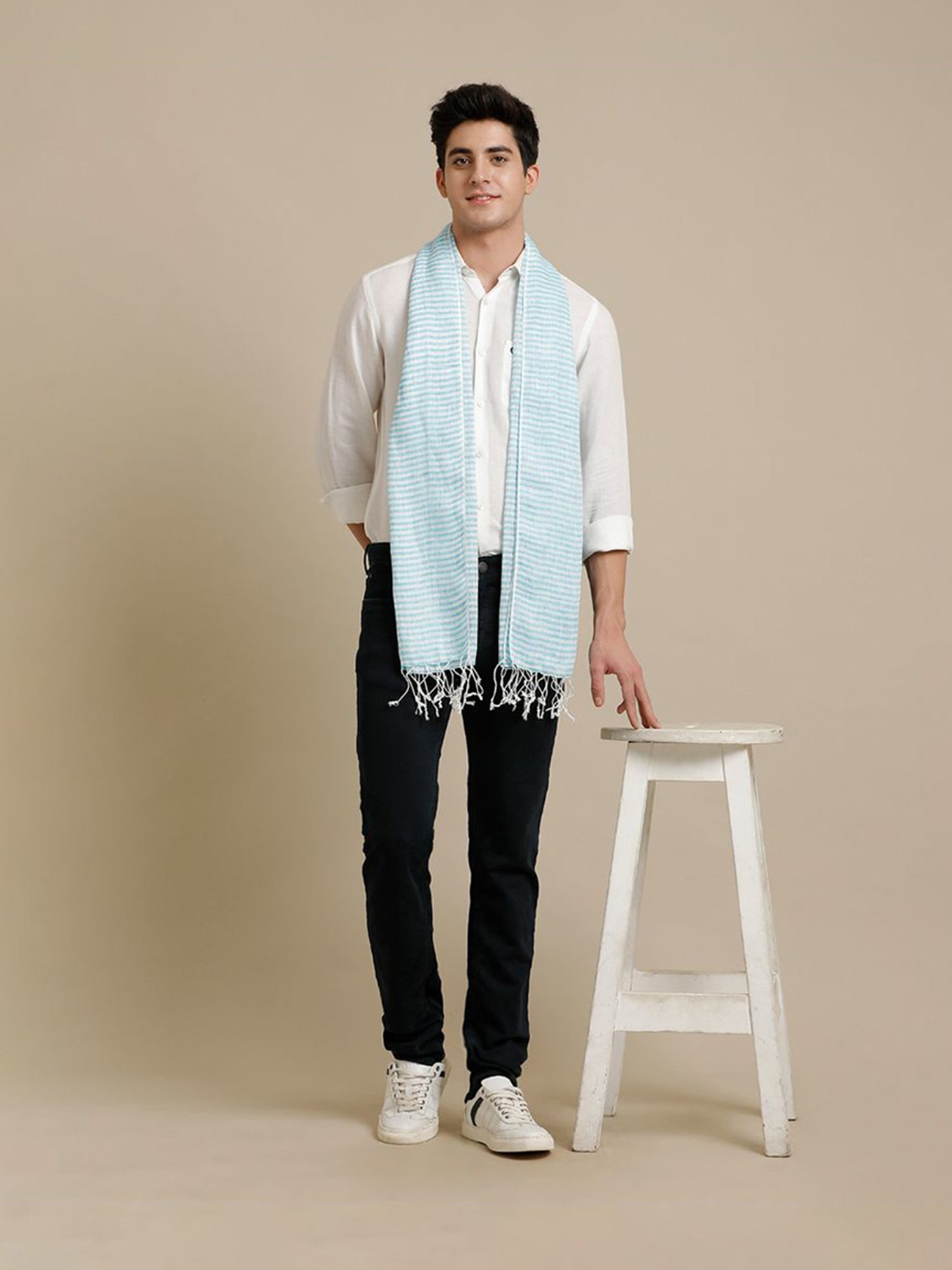 Linen Club Turquoise Blue Striped Pure Linen Stole