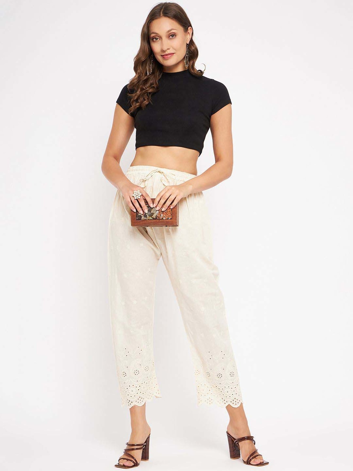 Castle Cream Cotton Embroidered Palazzos