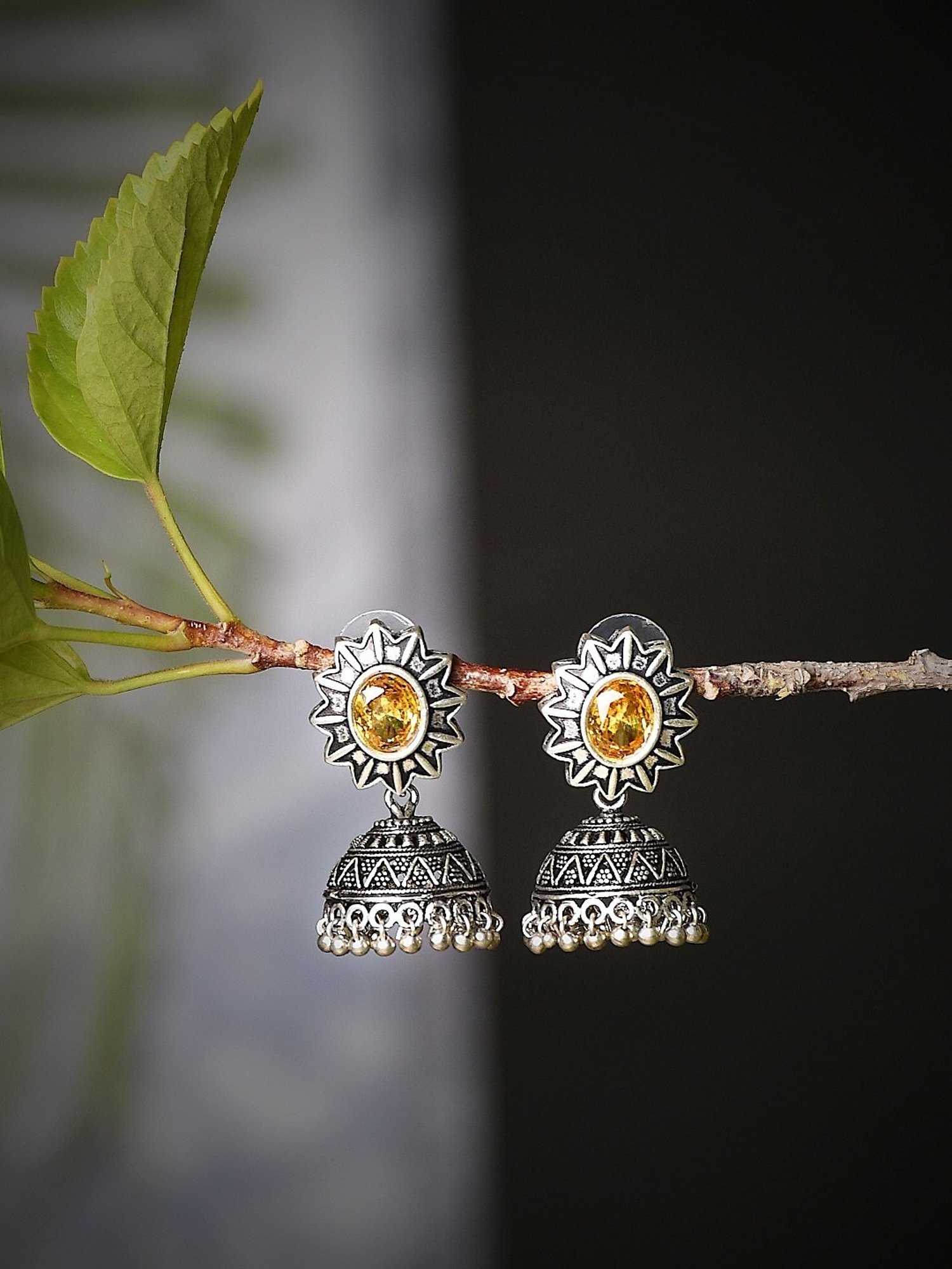 Imli Street Yellow Silver Tone Stone-Studded Handcrafted Jhumki Earrings