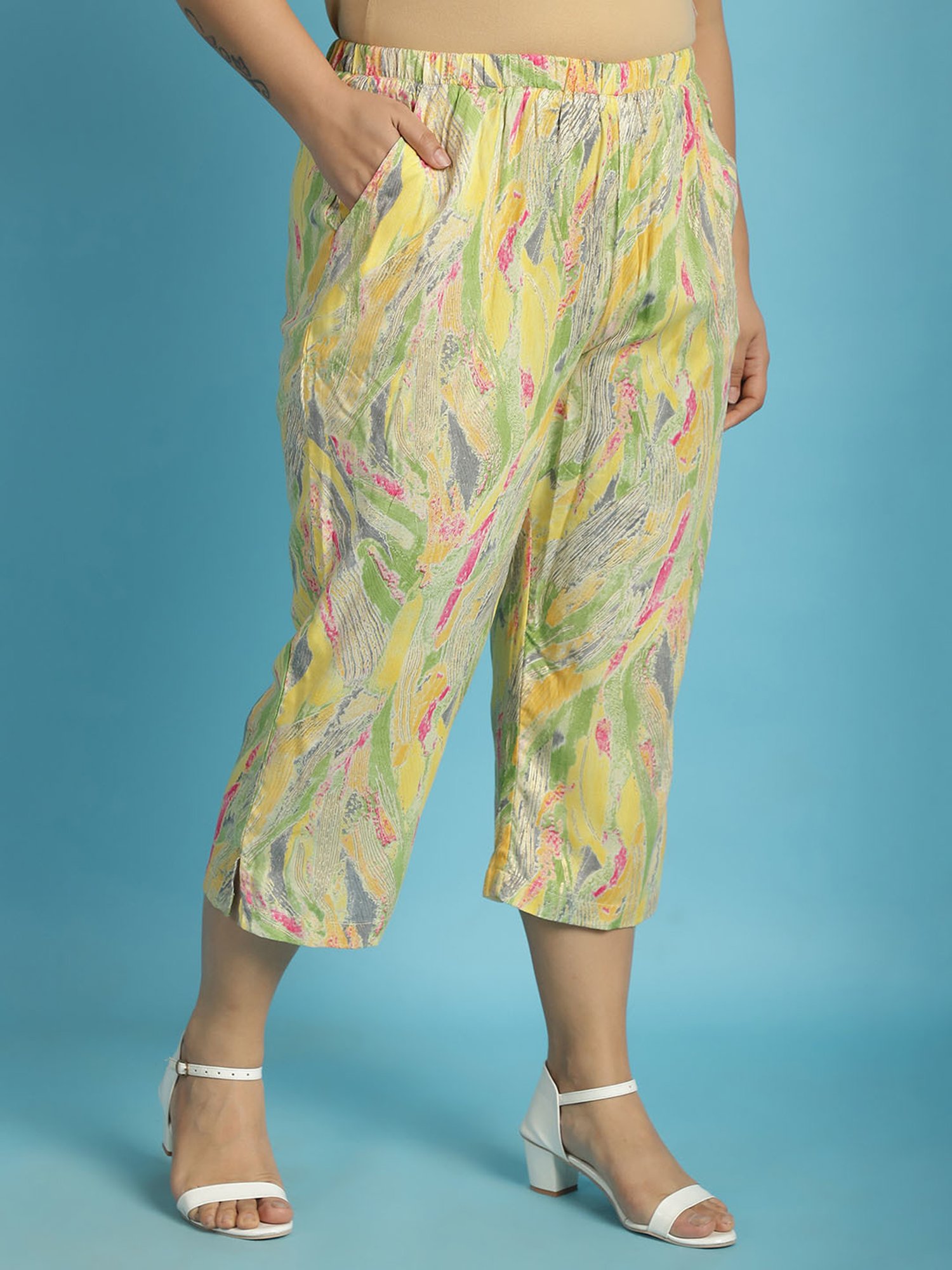 theRebelinme Yellow Printed High Rise Capris