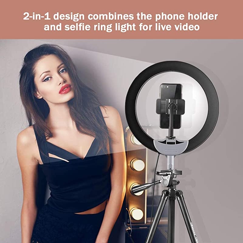 10" Selfie Ring Light with 50" Extendable Tripod Stand & Phone Holder for Live Stream/Makeup, Mini Desktop Led Camera Ringlight for YouTube Video, Compatible with iPhone/Android