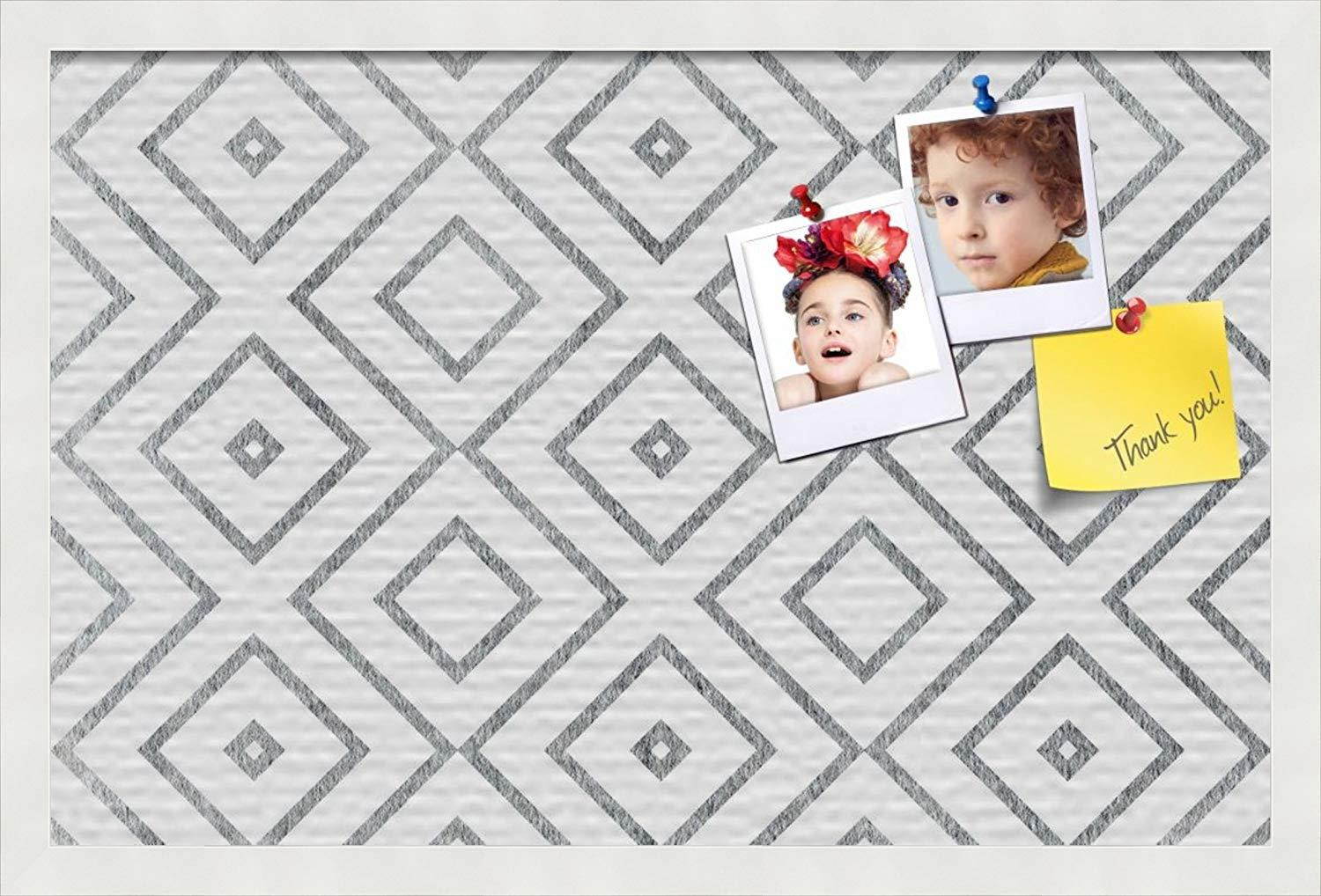 PinPix custom printed pin cork bulletin board made from canvas, Modern Deco Distressed 24x16 Inches (Completed Size) and framed in Satin White Frame (PinPix-Group-55)