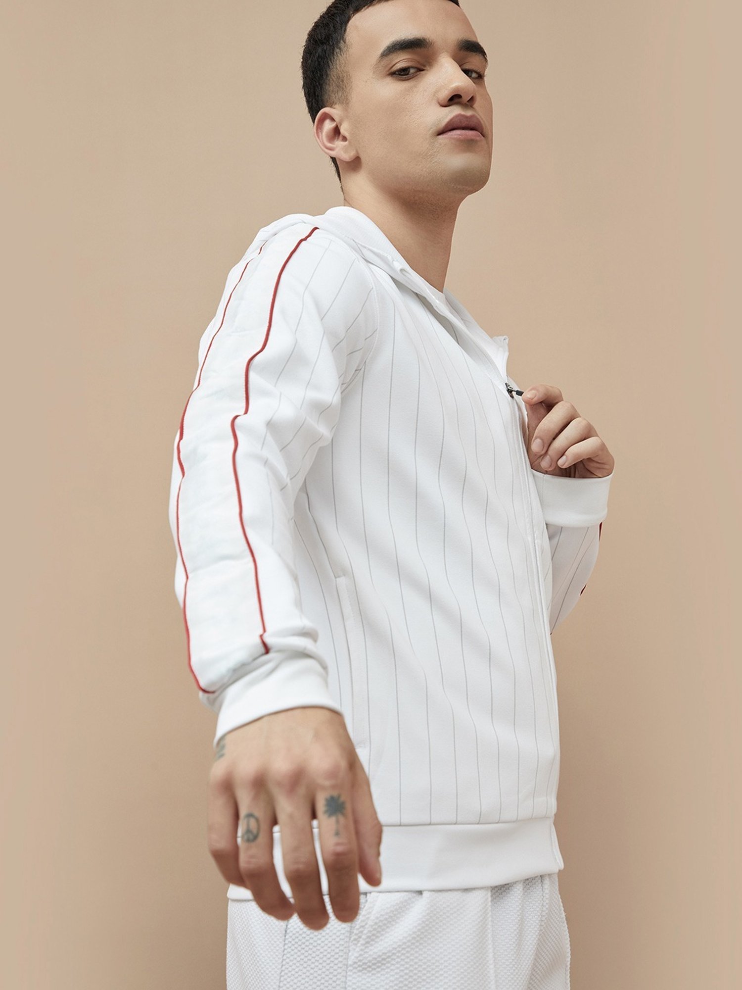 Kappa White Regular Fit Striped Hooded Sweatshirt