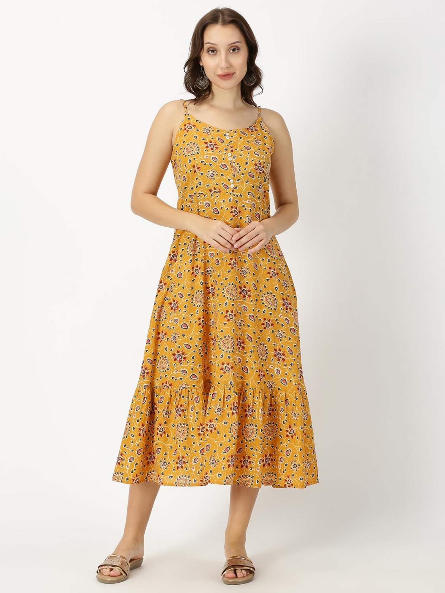 Saffron Threads Mustard Cotton Printed Ethnic Dress