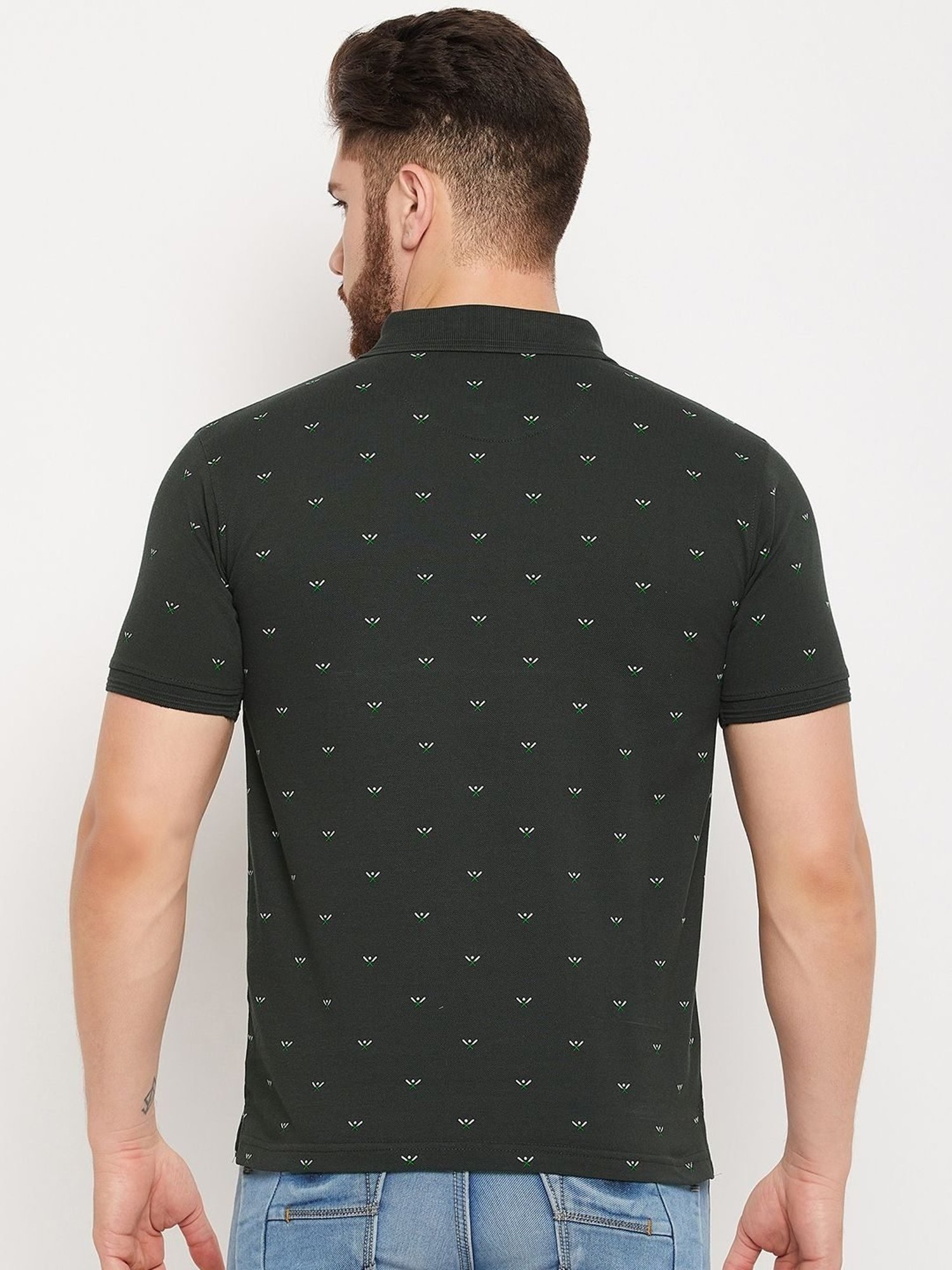 Cantabil Green Cotton Regular Fit Printed Polo T-Shirt