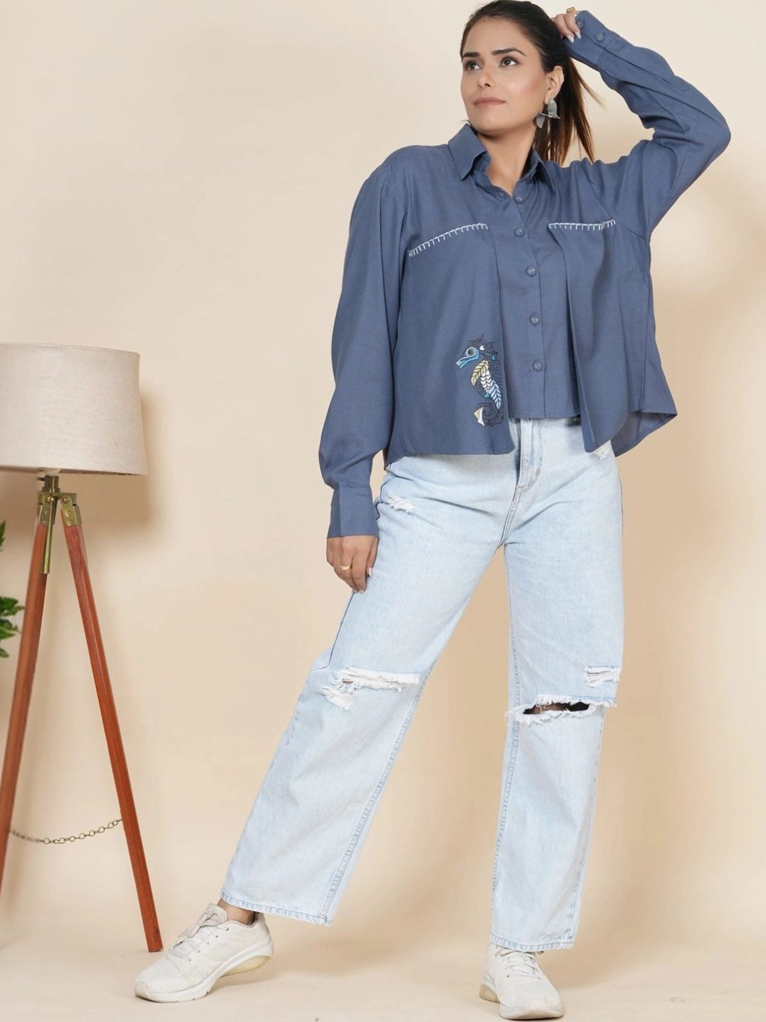 Kaftanize Blue Crop Linen Slit Back Shirt with Thread Work Embroidery