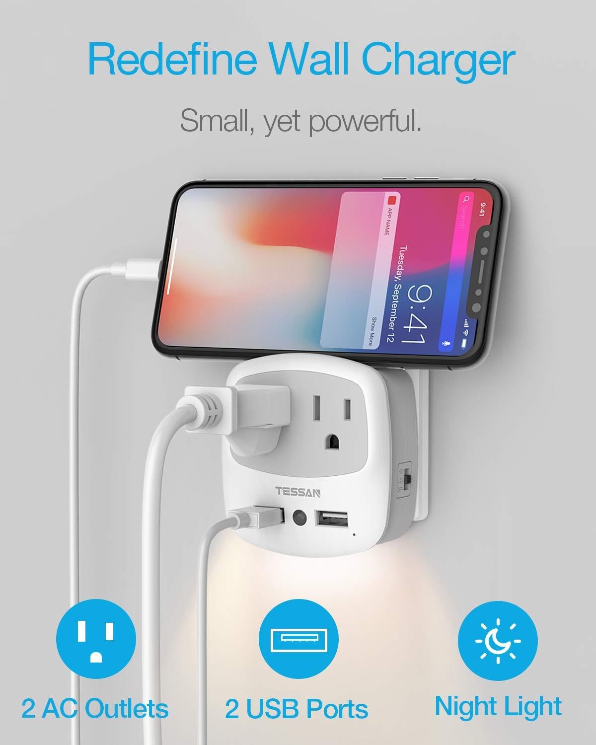 USB Outlet Plug Extender, TESSAN Power Outlet Expander with USB Wall Charger and Night Light Adapter for Travel Cruise Essentials, Mini Phone Charger with Multiple Outlet Splitter
