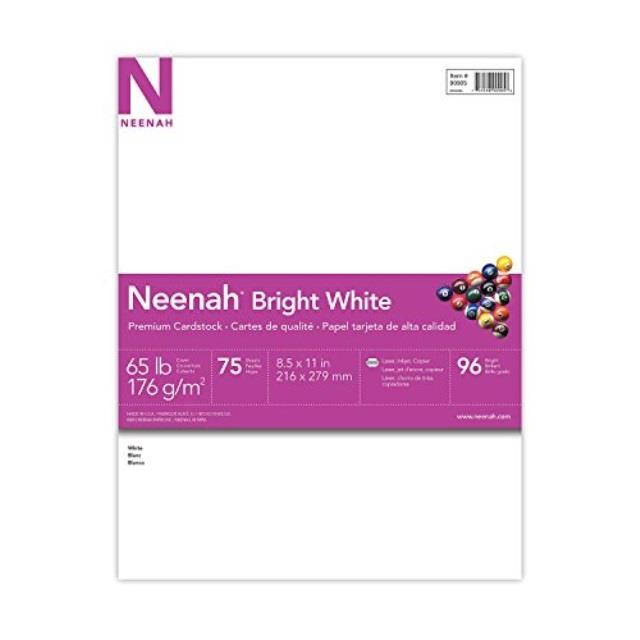 neenah bright white cardstock, 8.5"x11", 65lb/176 gsm, bright white, 75 sheets 90905