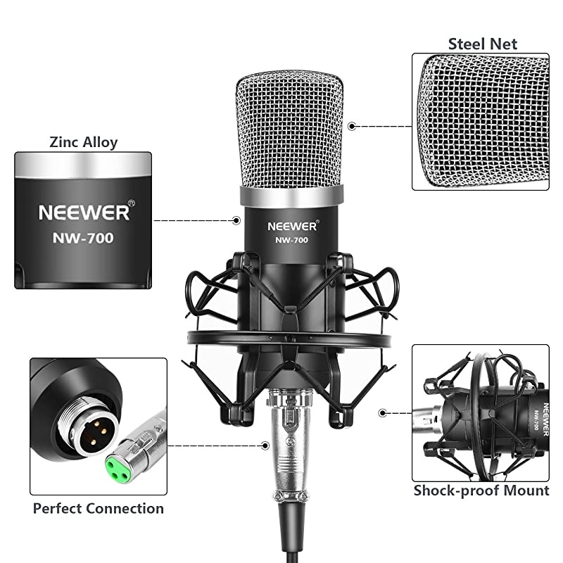 NW-700 Professional Studio Broadcasting & Recording Condenser Microphone (1)NW-700 Condenser Microphone (1)Metal Microphone Shock Mount (1)Ball-type Anti-wind Foam Cap (1)Microphone Audio Cable
