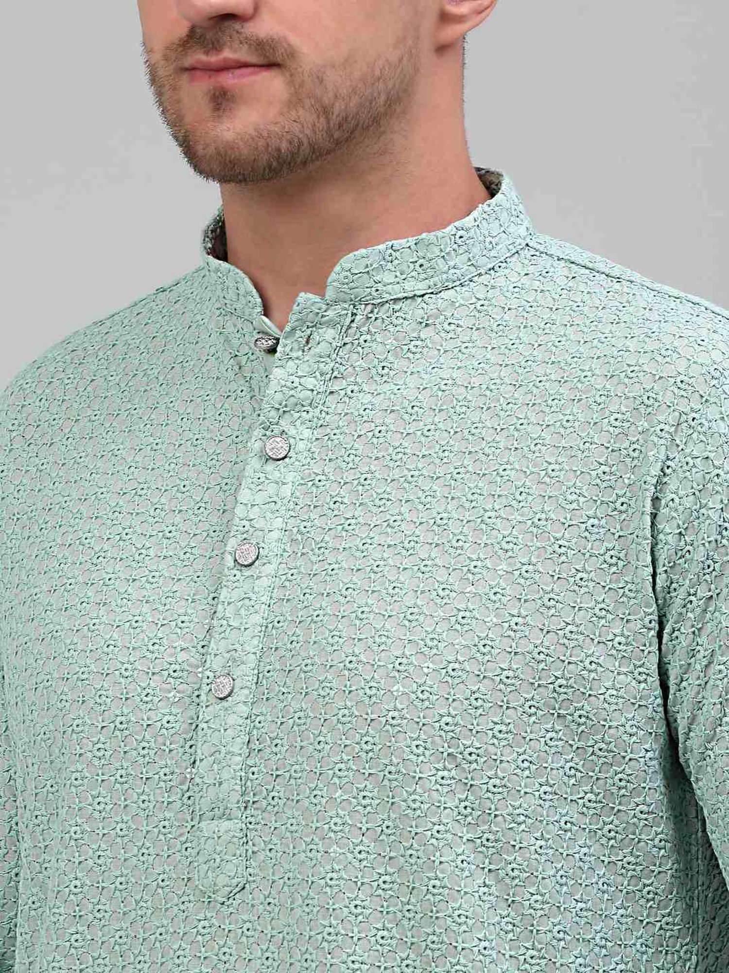 Jompers Green & White Cotton Regular Fit Embroidered Kurta Bottom Set