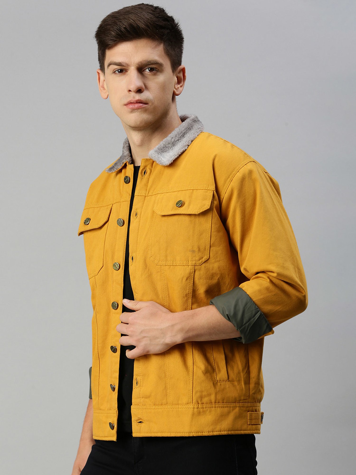 VOXATI Yellow Regular Fit Shirt Collar Denim Jacket