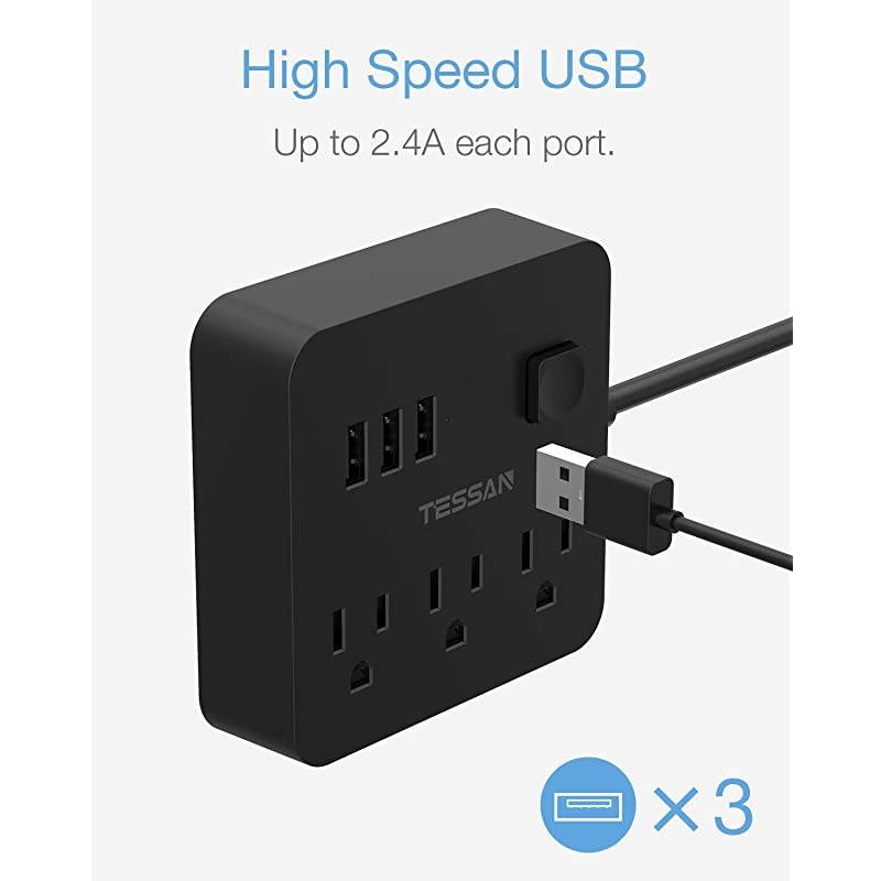 Strip with 3 USB 3 Outlet, Desktop Charging Station 5 ft Flat Plug Extension Cord, Small and Portable for Cruise Ship, Dorm Room, Black