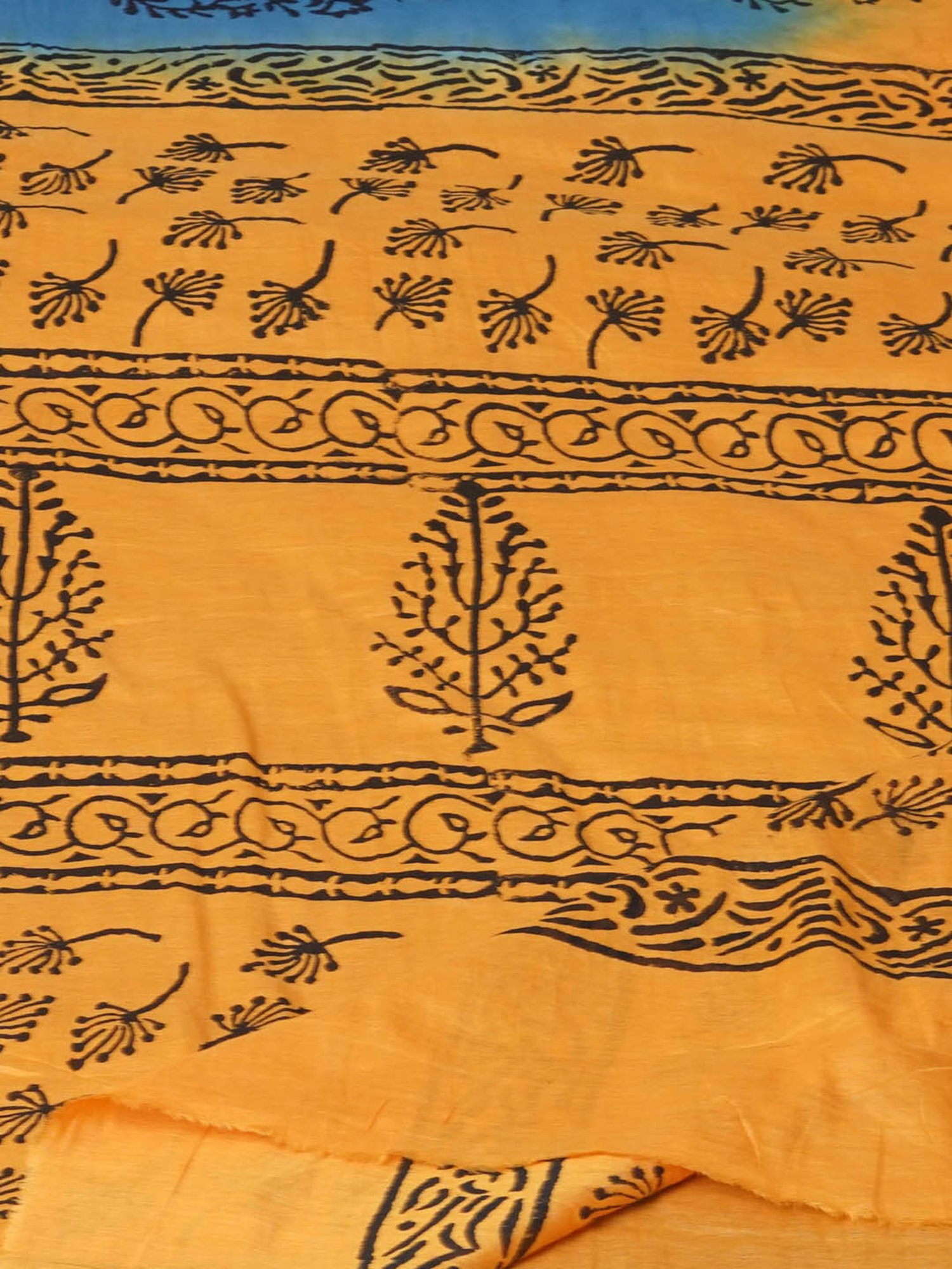 Unnati Silks Blue & Mustard Cotton Printed Saree With Unstitched Blouse