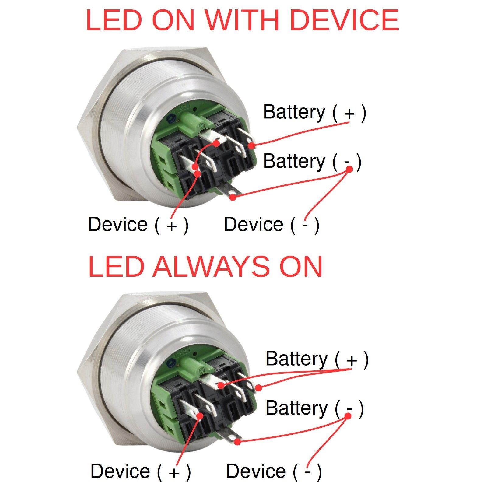 28mm Latching Push Button Power Switch Stainless Steel w/ Blue LED Waterproof