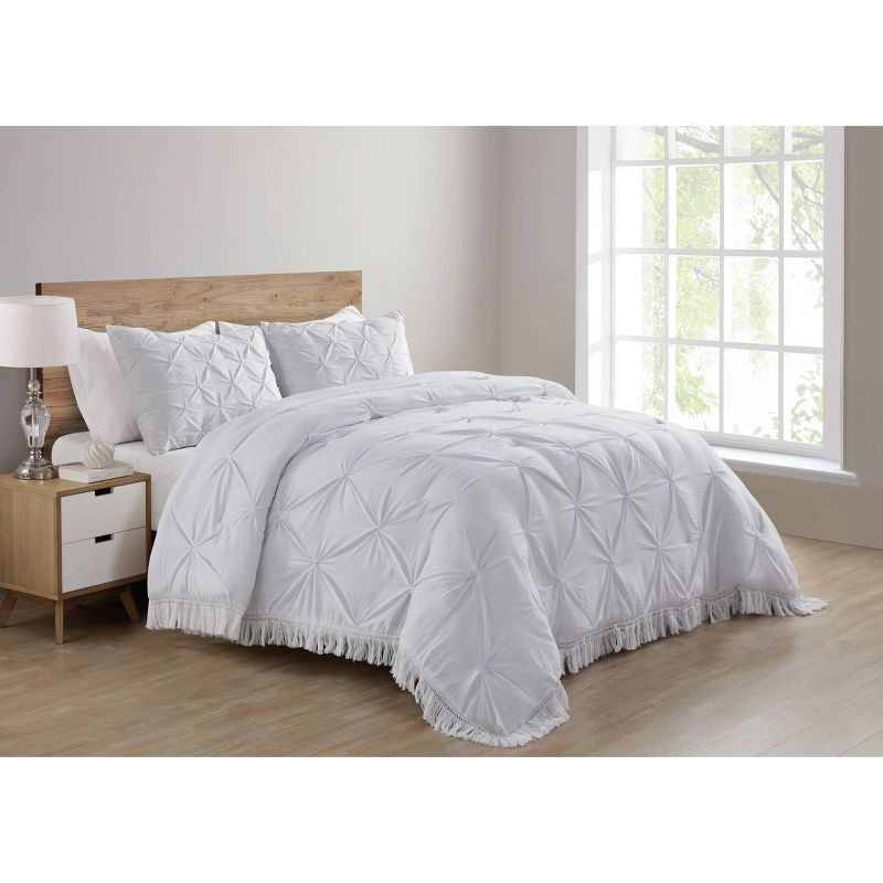 King Aria Tassel Soft Wash Pintuck Comforter Set White - VCNY Home