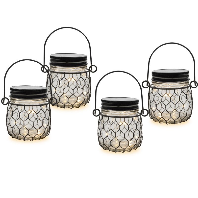 Everlasting Glow 3.75-Inch Tall Battery-Operated Clear Glass Mason Jars with Black Netting (Set of 4)