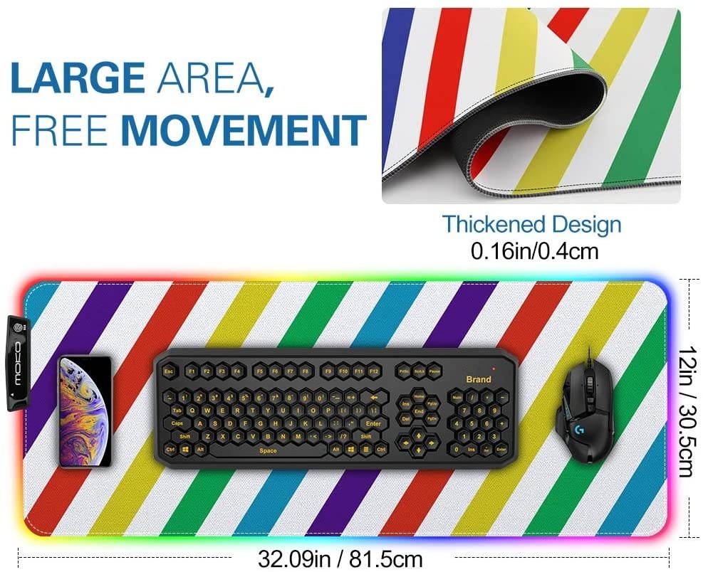 MoKo RGB Gaming Mouse Pad, Large Extended Glowing Led Mousepad with 15 Lighting Modes and USB 2.0 Port, Non-Slip Rubber Base Computer Keyboard Pad Mat for Gamer, 32.09 x 12 x 0.16 Inch - Rainbow