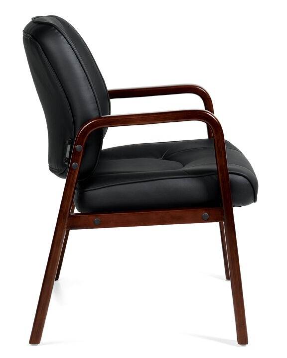 BLACK LEATHER GUEST OFFICE DESK CHAIR WITH CORDOVAN FINISH WOOD ACCENTS