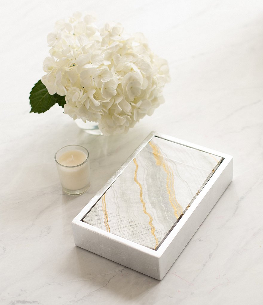 Caspari Marble Paper Guest Towel & Silver Lacquer Holder Set