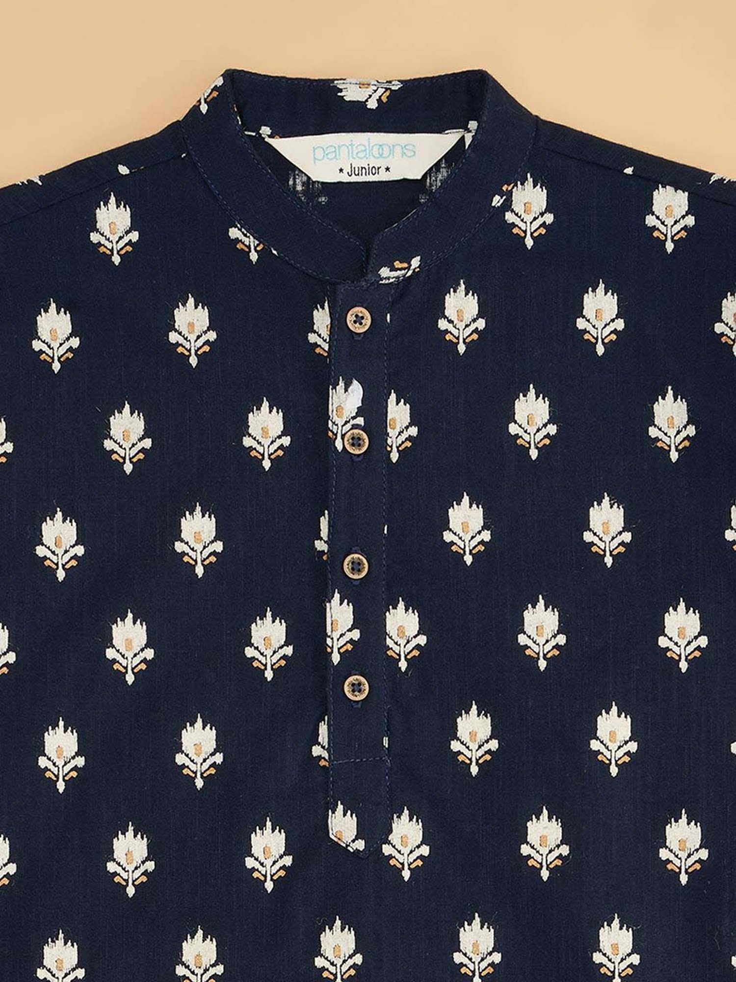 Indus Route by Pantaloons Kids Navy & White Cotton Floral Print Full Sleeves Kurta Set