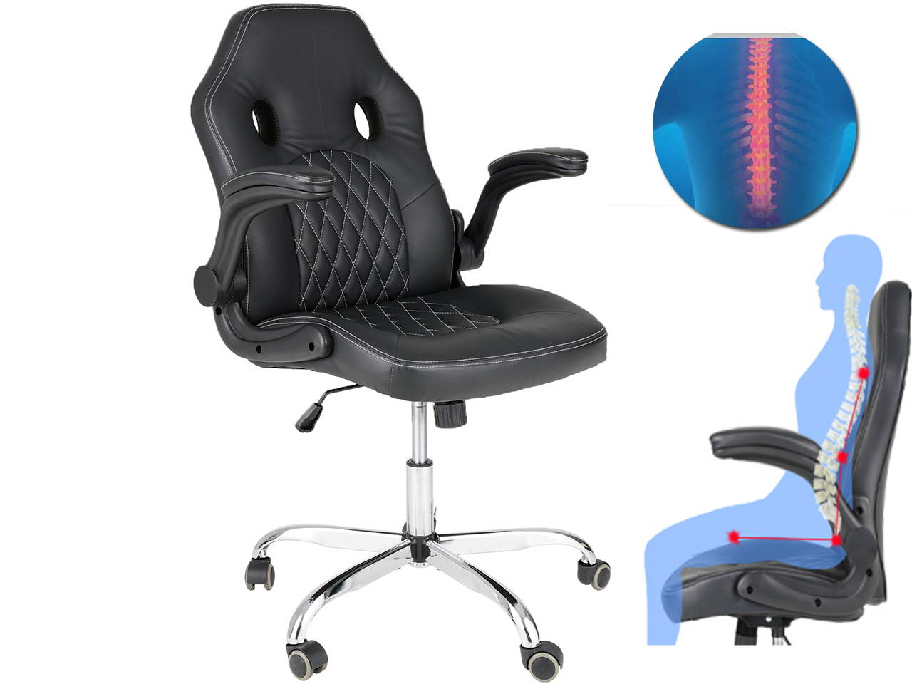 Office Chair, Gaming Chair Bonded Leather, Ergonomic Computer Desk Chair Task Swivel Executive Chairs High Back with Flip-up Armrests and Rolling Casters (Black)