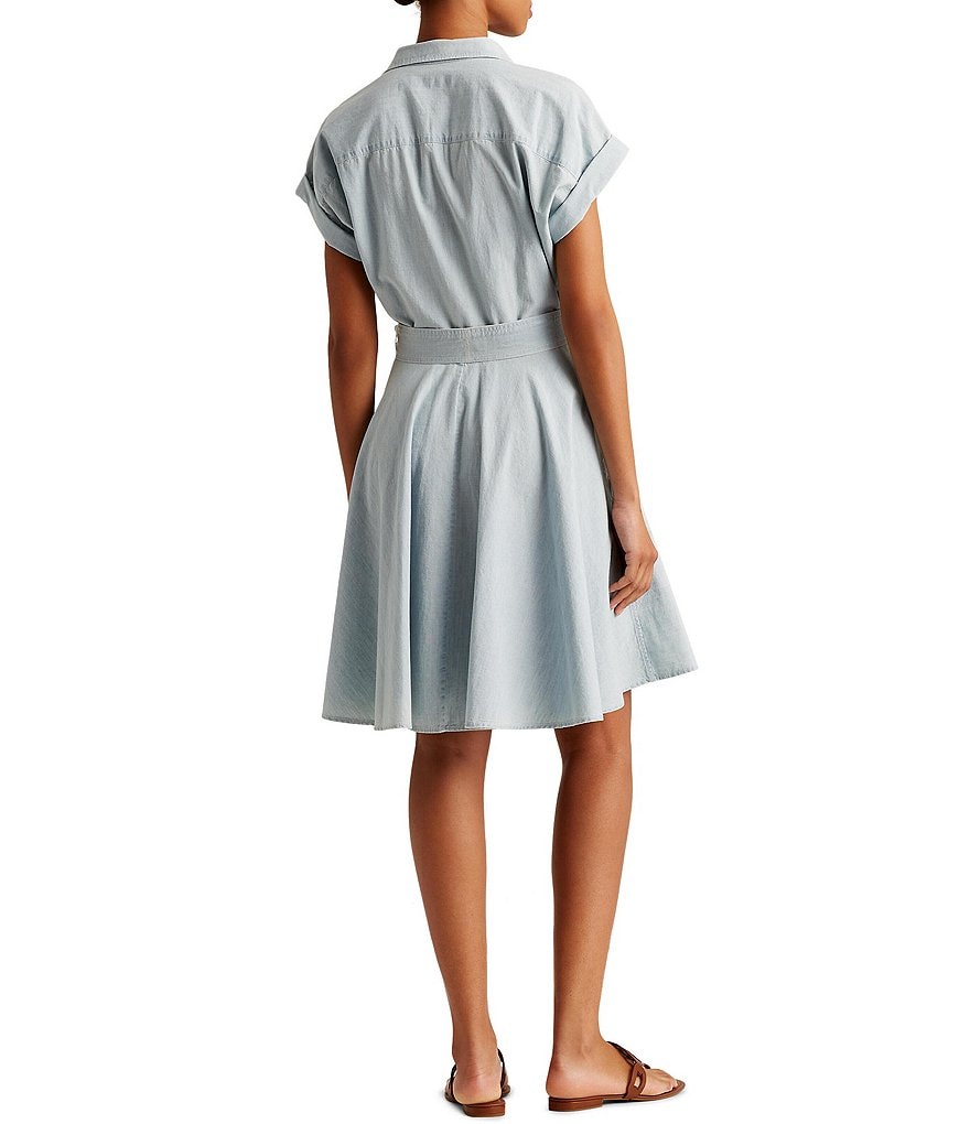 Lauren Ralph Lauren Petite Size Cotton Chambray Sash Tie Waist Cuffed Dolman Sleeve Shirtdress