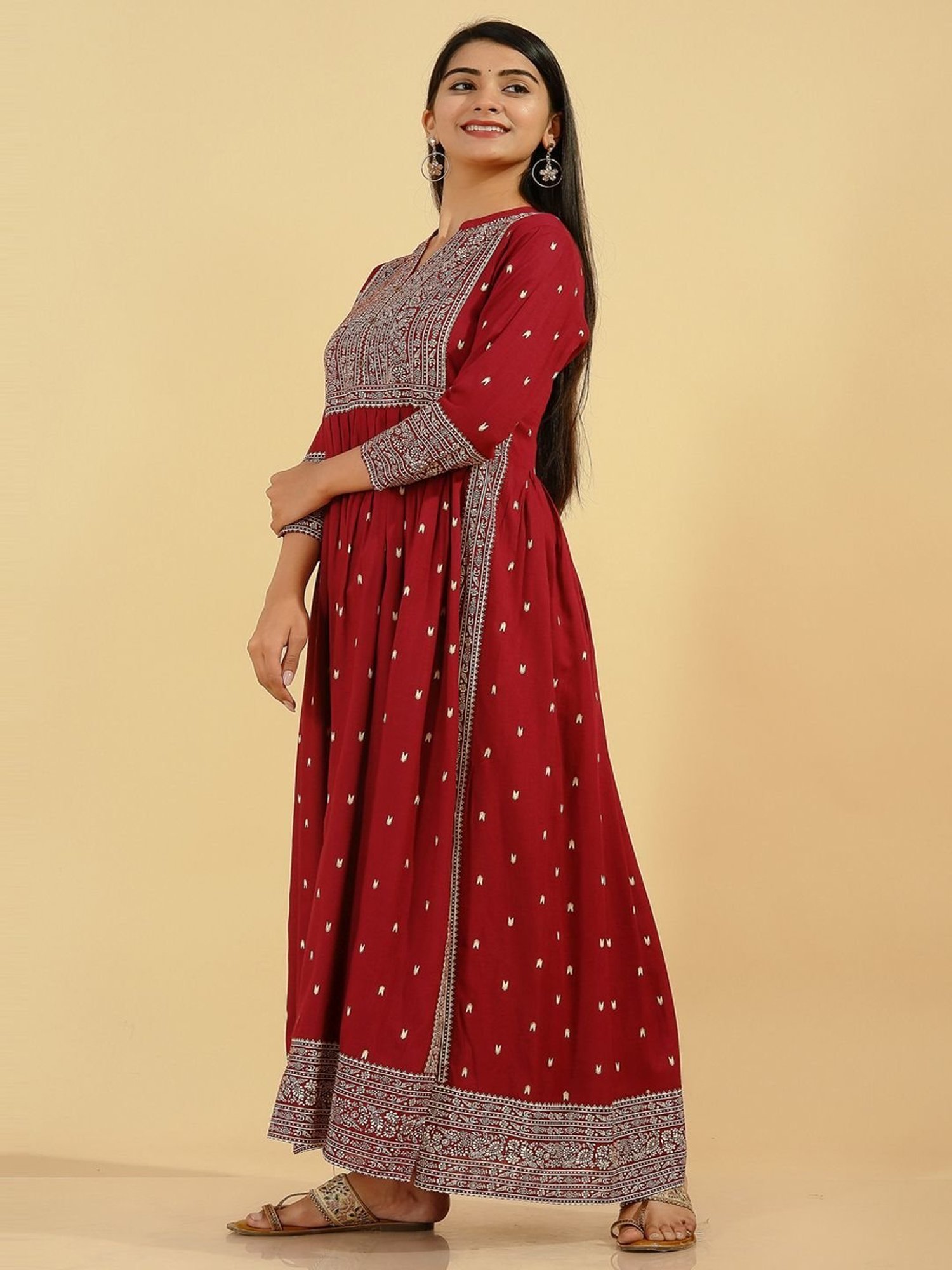 Kipek Maroon Printed High Low Kurta