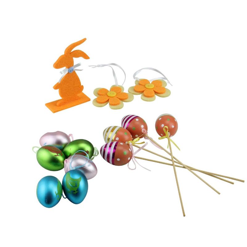 Northlight Set of 13 Metallic Easter Egg, Flower and Bunny Spring Decorations - Orange/Blue