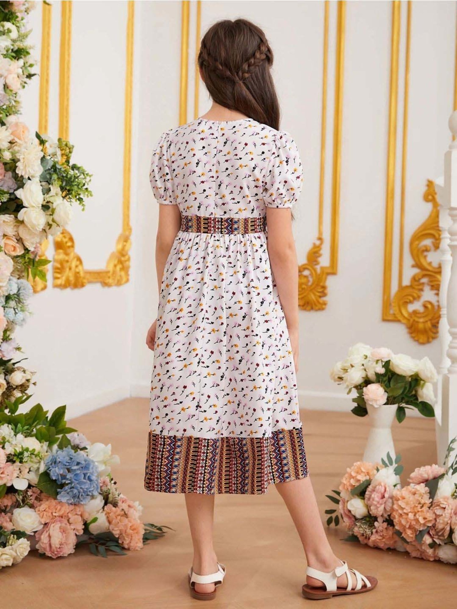 Bolly Lounge Girls White & Brown Floral Dress