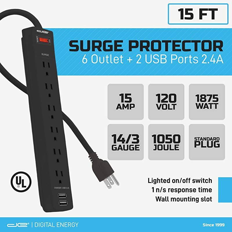 6Outlet + 2 USB 1050 Joule Surge Protector Power Strip with 15Ft Long Extension Cord Black UL Listed
