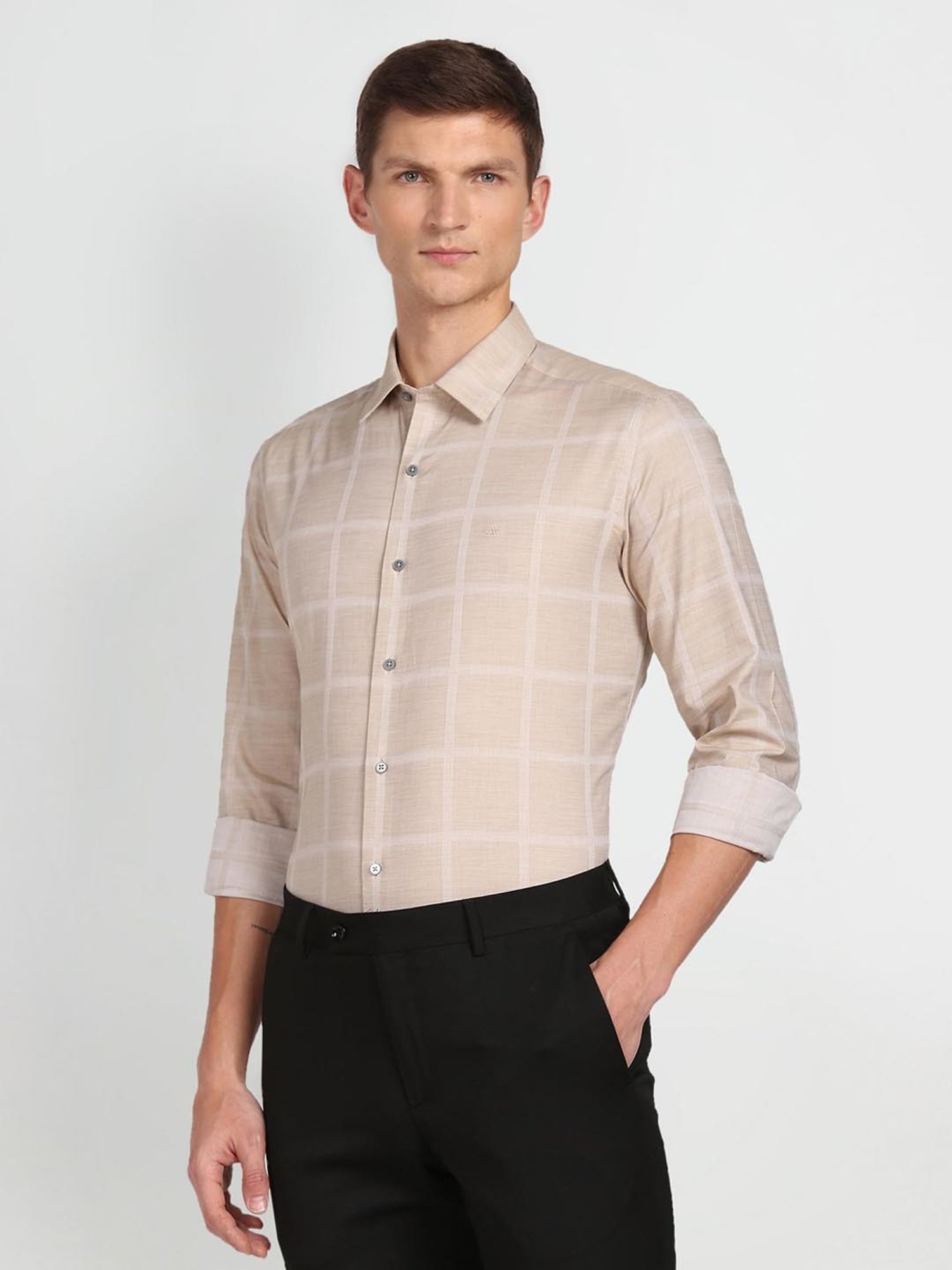 Arrow New York Brown Cotton Slim Fit Self Pattern Shirt