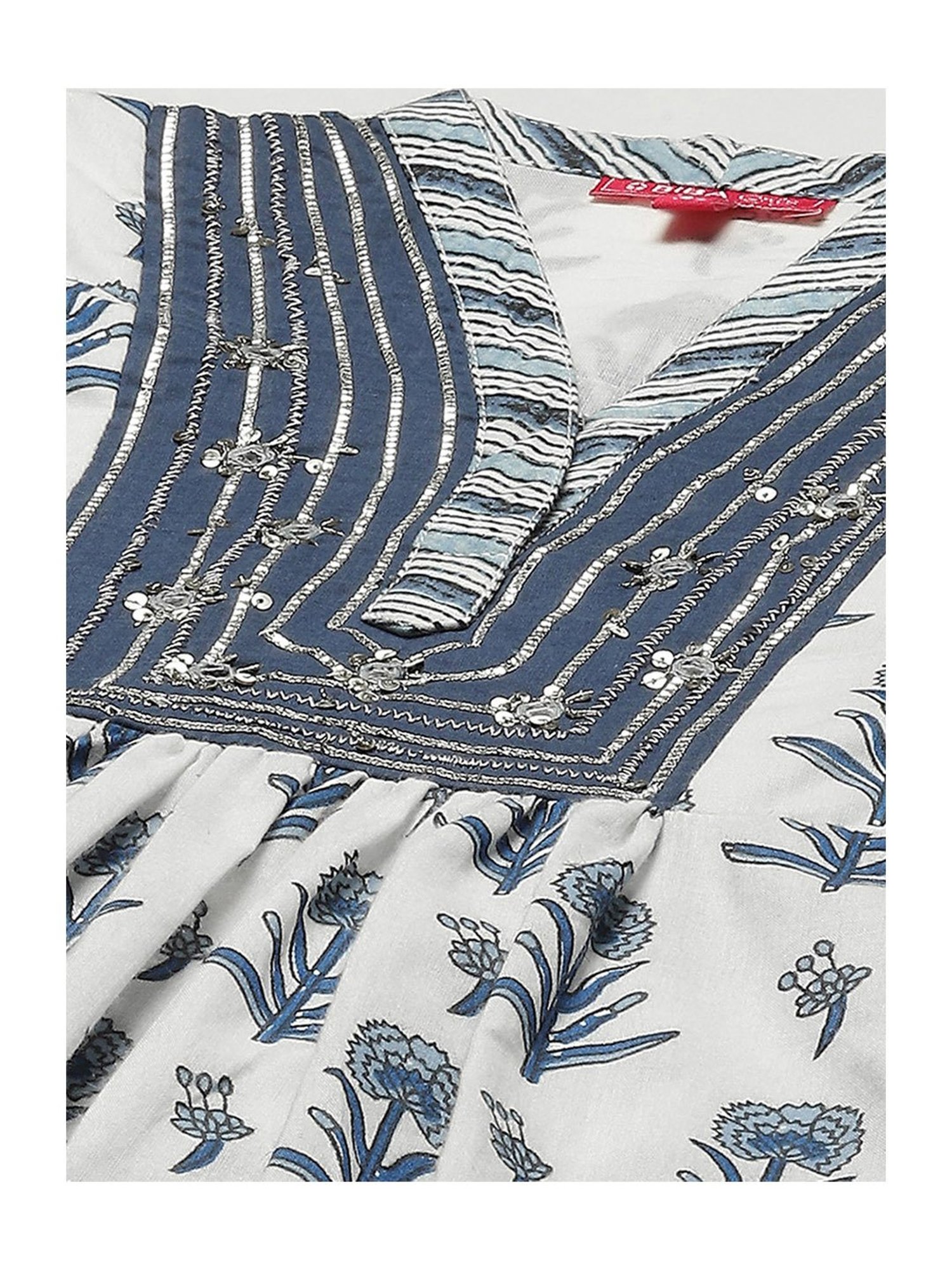 BIBA Girls Off White & Blue Embellished Kurta, Pants with Dupatta