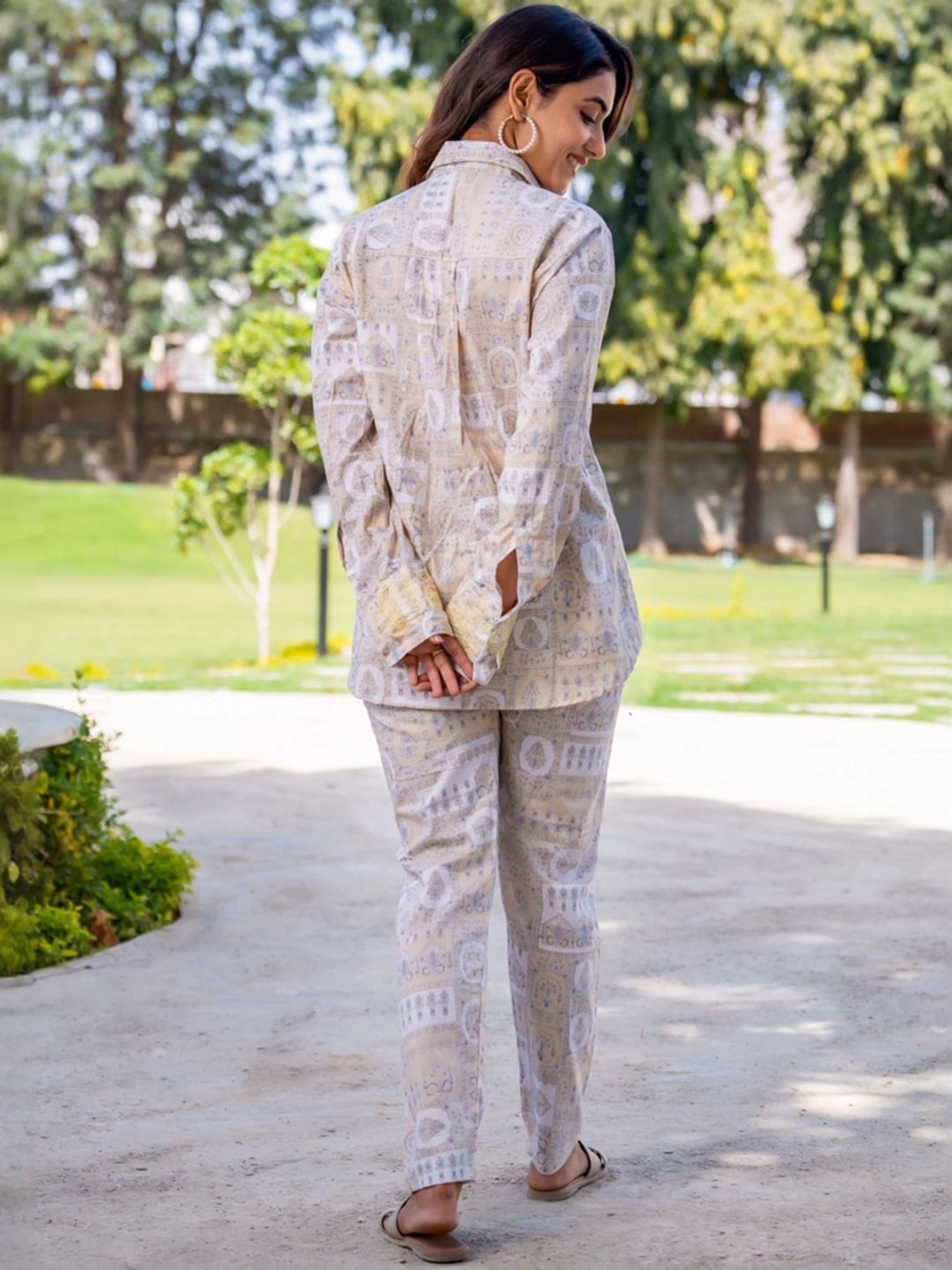 HOUSE OF JAMOTI Beige Cotton Printed Tunic Pant Set