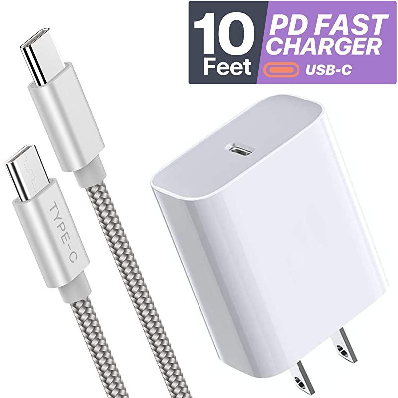 10ft USB C Charger 18W PD Fast Wall Charger for ipad ProNote 10 10+ Galaxy S20 Google Pixel 4 4LX LG V60 PD Fast Charging 10 Ft Braided Cord Phone Charger for Apple Devices