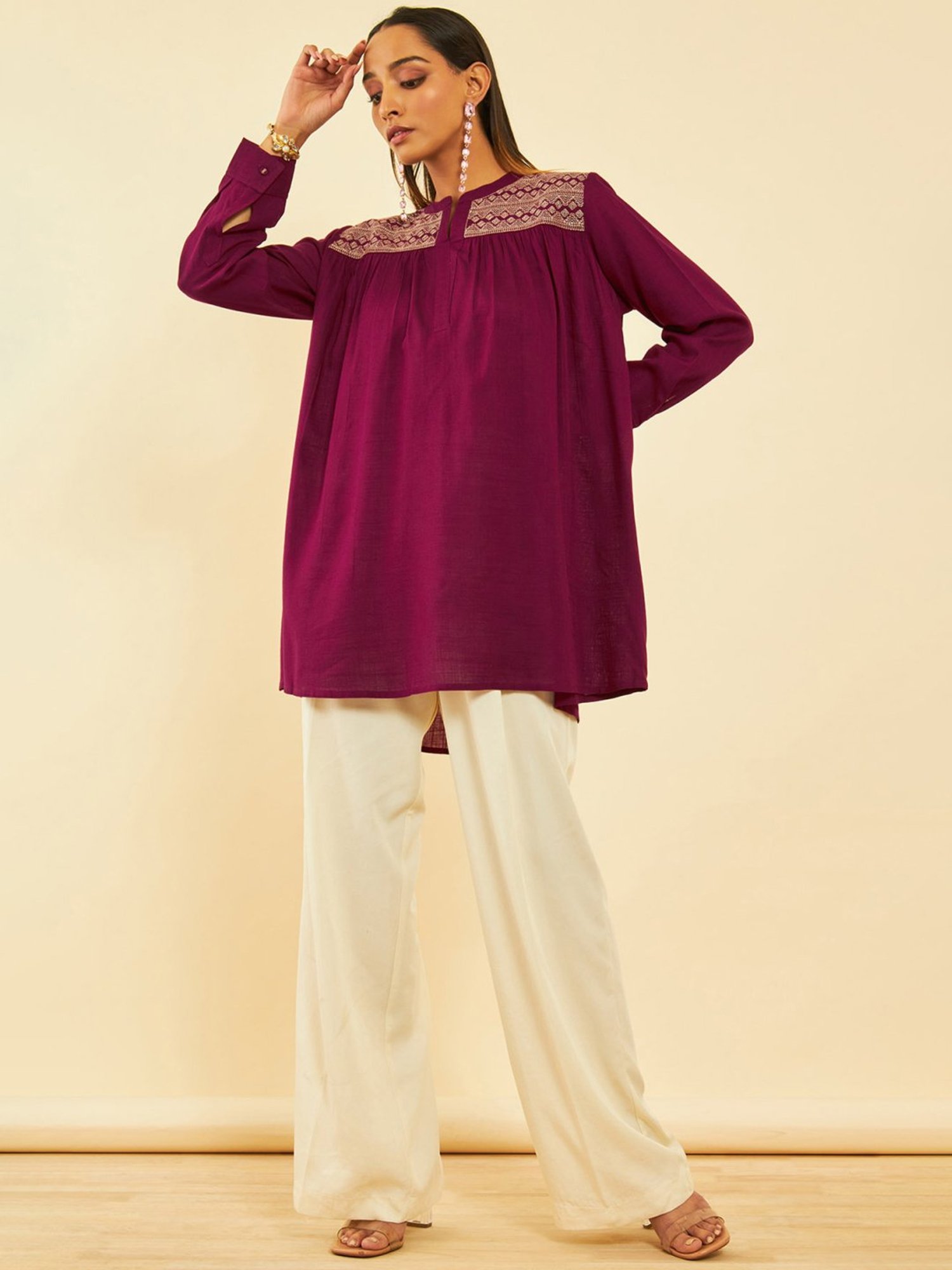 Soch Womens Wine Rayon Slub Embroidered Alia-Cut Tunic