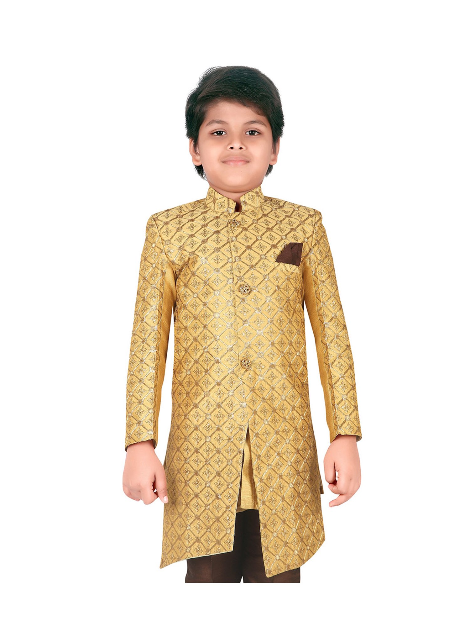 Ahhaaaa Kids Gold & Brown Embroidered Kurta with Pajamas