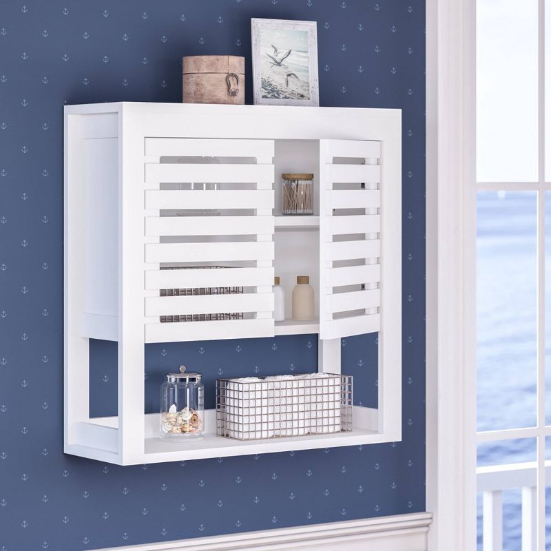 Slatted Double Door Wall Mounted Cabinet with Open Shelf White - RiverRidge Home