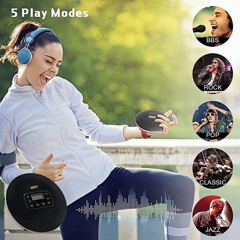 CD711T Bluetooth Rechargeable Portable CD Player for Home Travel and Car with Stereo Headphones and, Anti Shock Protection-Black