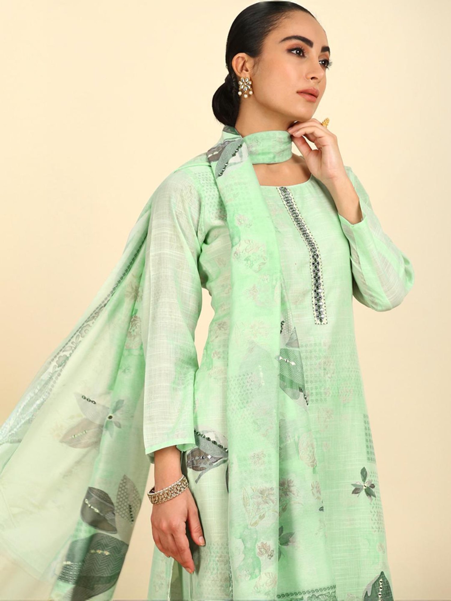 Soch Womens Sap Green Floral Print Linen Unstitched Dress Material With Mirrors