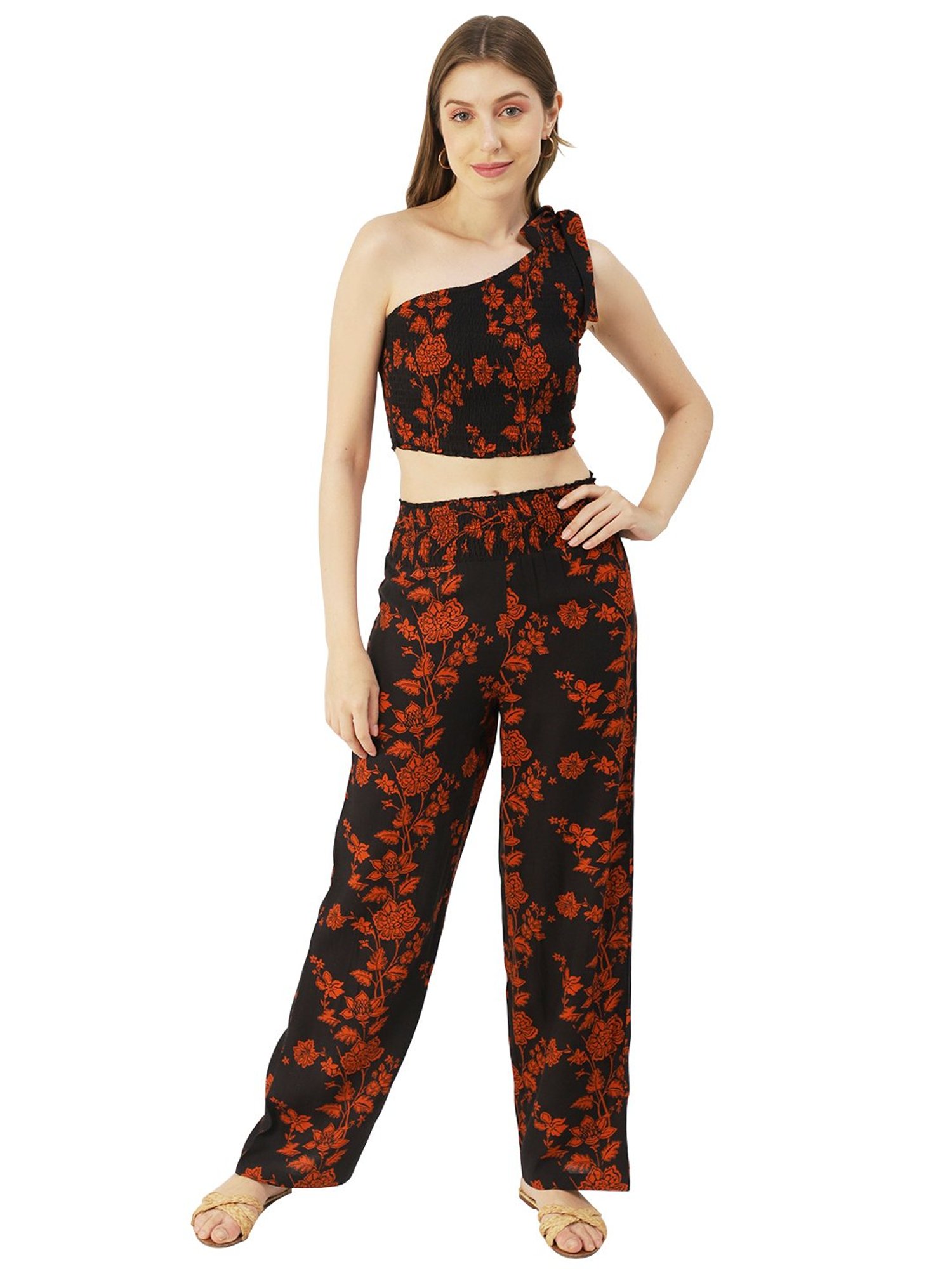 Moomaya Black & Orange Floral Print Crop Top With Palazzos