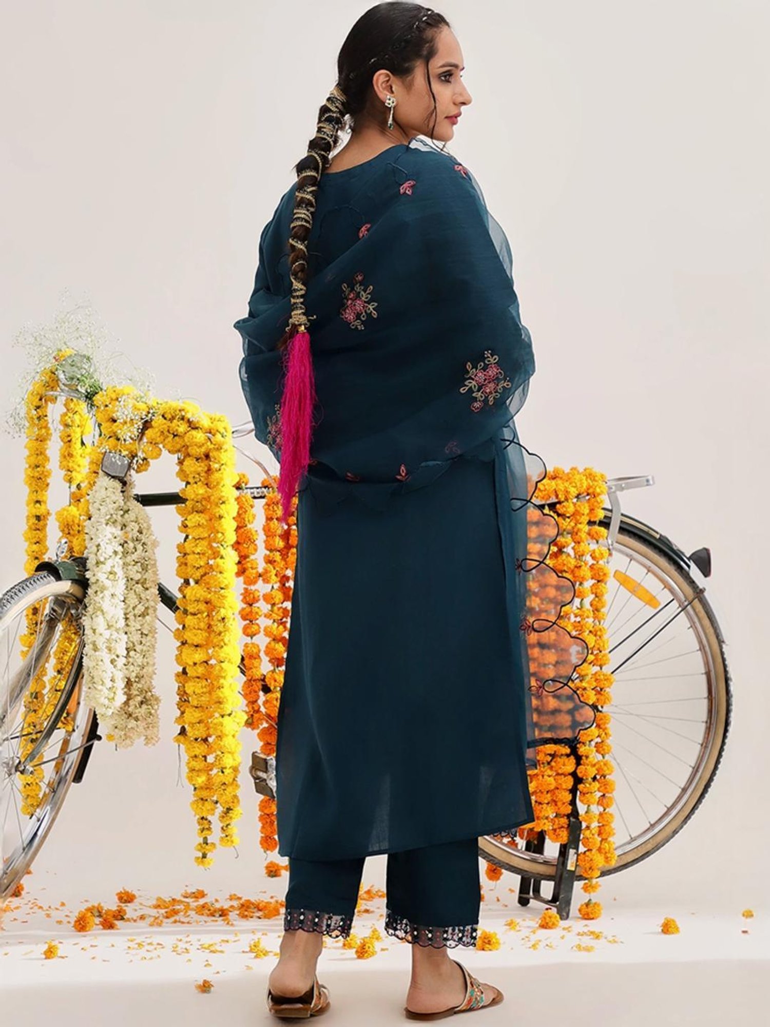 Varanga Teal Blue Embroidered Kurta Pant Set With Dupatta