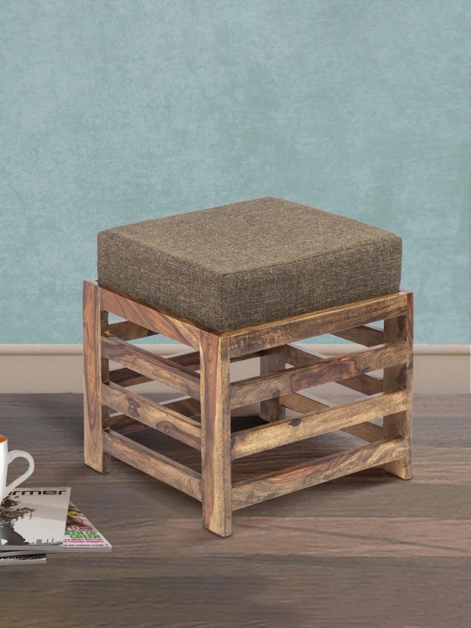 Chumbak French Sahara Solid Mustard Yellow Wood Ottoman