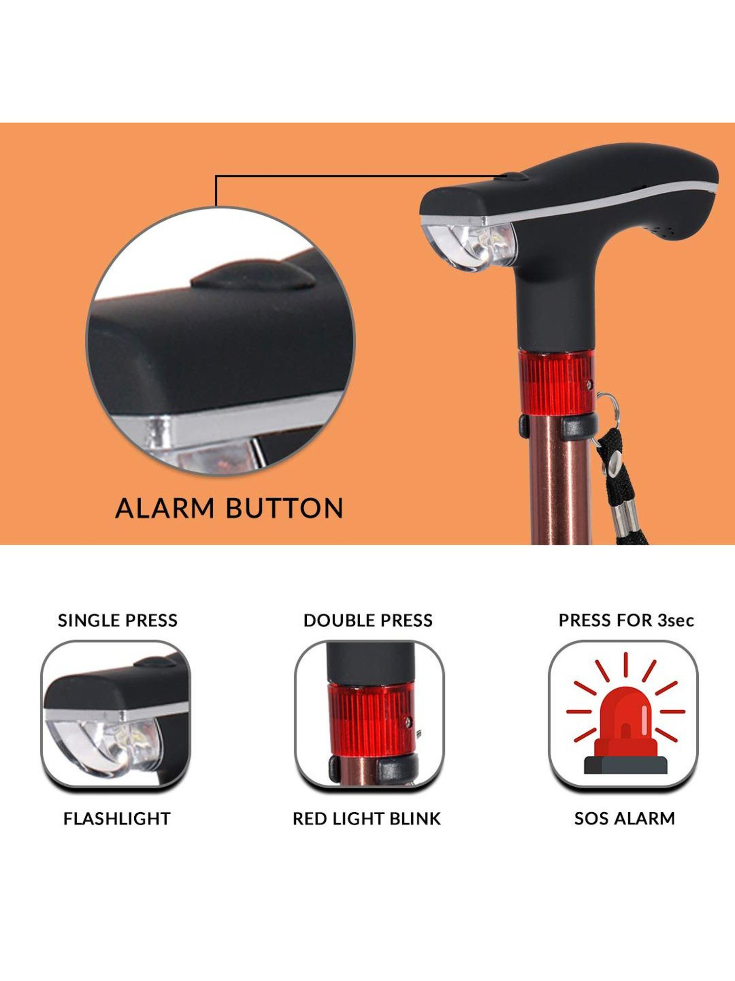 MCP Smart Folding Adjustable Walking Stick with LED Torch SOS Alarm - Single Leg (Brown)